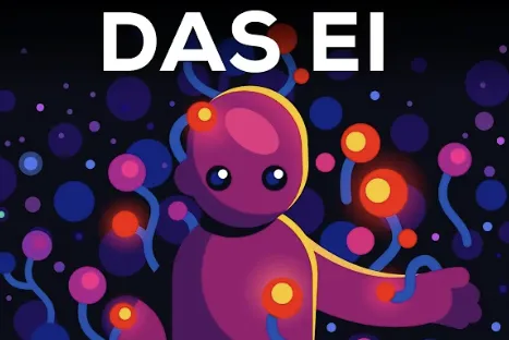 Titelbild des Films „Das Ei“: eine violette Zeichentrickfigur vor bunten Punkten
